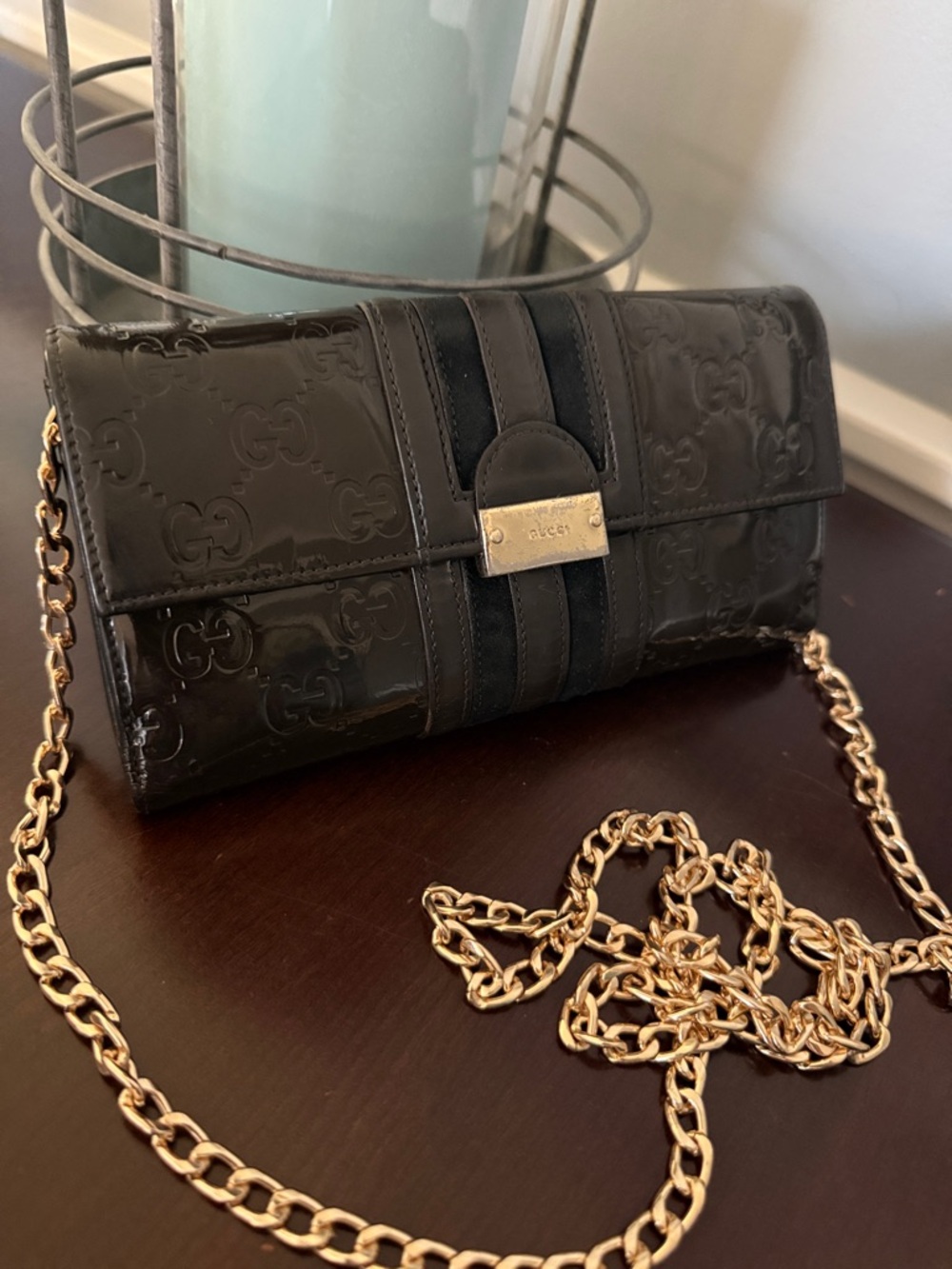 AUTHENTIC Gucci Dark Brown leather Patent Monogram large wallet includes BNchain